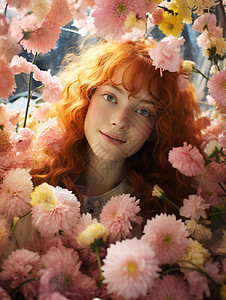 菊花中的女孩梦幻花丛中的橙发少女背景