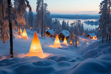 夜晚的村庄下雪的童话森林背景
