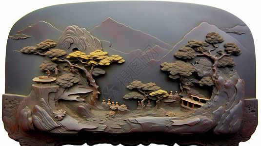 端砚精致的山林浮雕背景图片