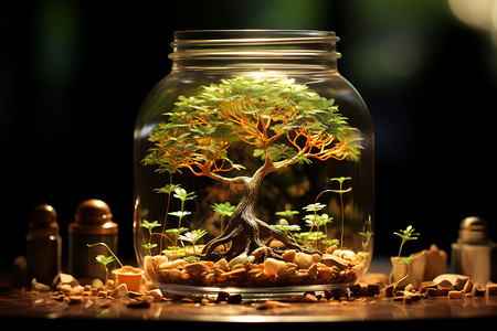 一罐子硬币茂盛生长的理财树设计图片