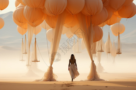 白色热气球走在热气球撑起的帷幔中的女人背景