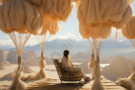 女人坐在热气球撑起的帷幔中背景图片