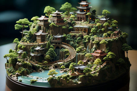 微型盆景素材中国风山水盆景插画
