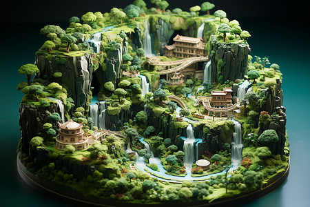 微型盆景中国风黏土山水景观建筑插画