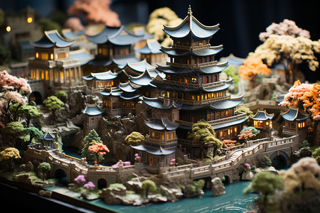 微型盆景素材中国风艺术黏土山水建筑插画