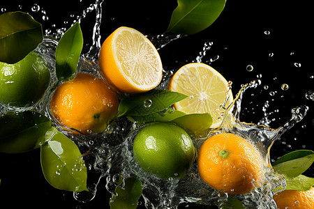 掉进清水里的柑橘和柠檬高清图片
