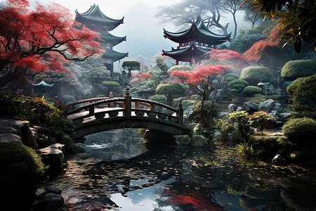 中国古式园林插图背景图片