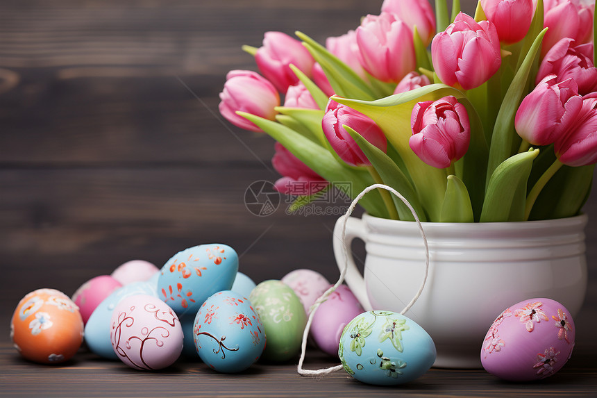 庆祝复活节的鸡蛋和郁金香图片