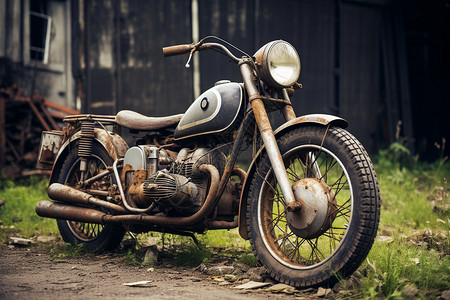 复古废弃的老式摩托车高清图片