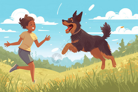 一起跳一起玩耍的女生和狗狗插画