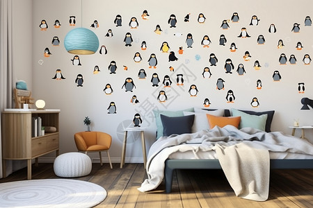 贴满企鹅的房间背景图片