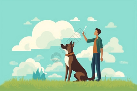 一起看天空的男生和狗狗背景图片