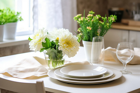 餐桌自上的花朵餐具摆盘图片