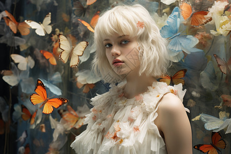 白色头发的年轻蝴蝶美女图片