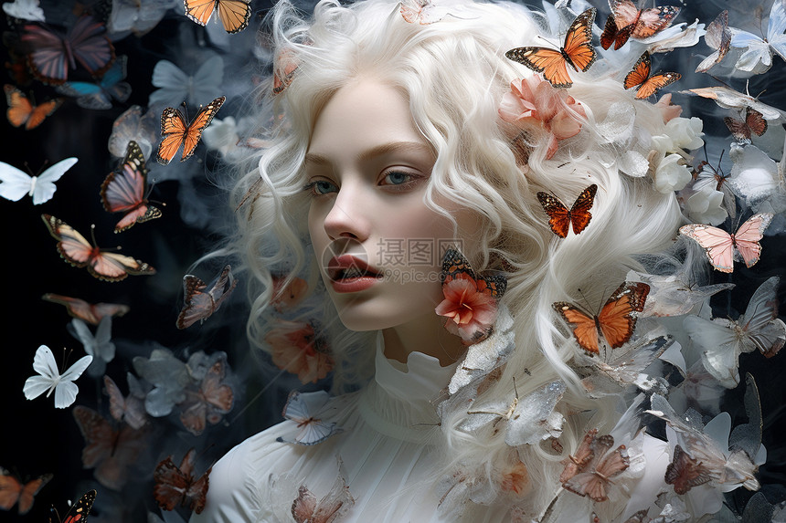 白的头发的蝴蝶女孩图片
