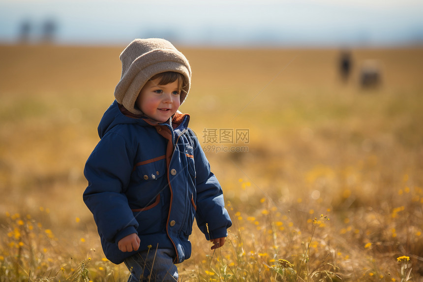 户外田野中的小男孩图片