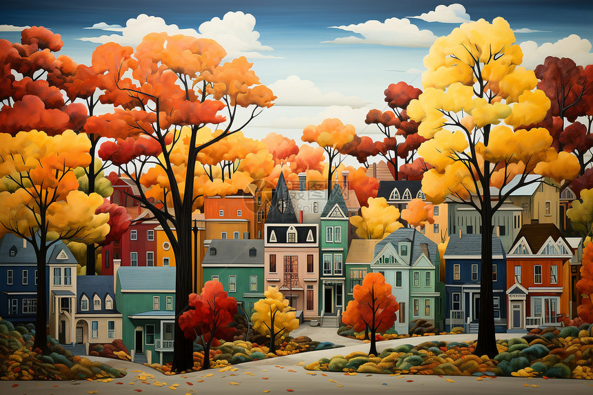 一个富有想象力的秋天的城市景观图片
