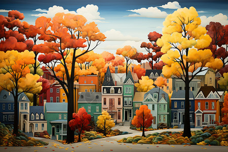 晴朗城市一个富有想象力的秋天的城市景观插画