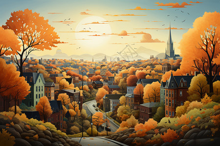 落日余晖下风景如画的秋天城市图片