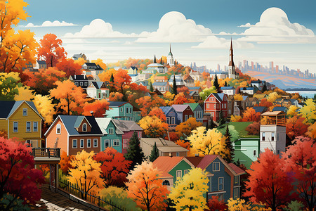 河内郊区景色美丽的秋天城市景色插画