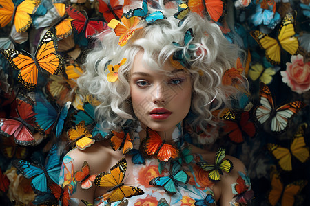 头发上都是蝴蝶的美丽女孩背景图片