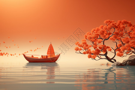 搜过海里的一搜船和树插画