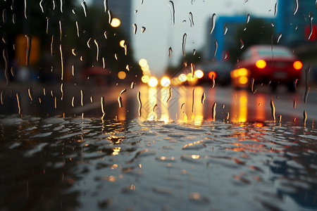 傍晚时下雨天湿滑的城市街道高清图片