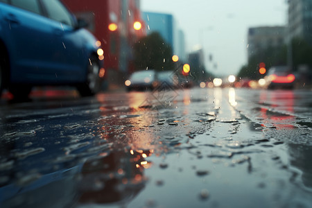 下雨天街道湿滑城市街道上驾驶的汽车背景