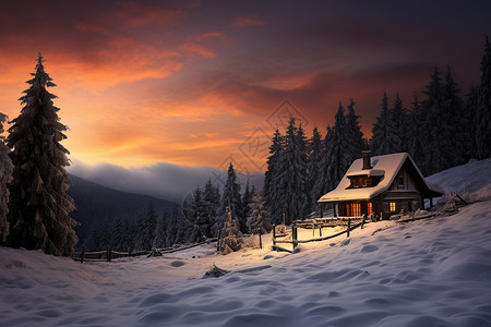 美丽的冬天森林木屋景观图片