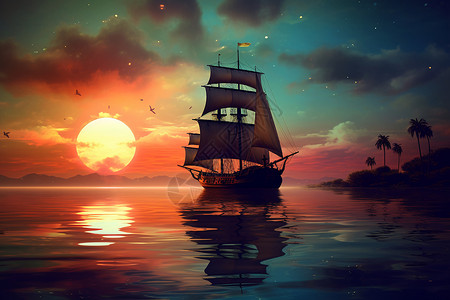 落日下的帆船图片