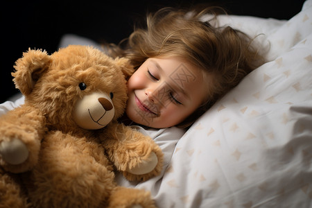 小孩晚上睡觉可爱的孩子抱着玩具熊背景