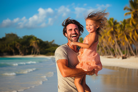 海边拥抱抱着孩子度假的父亲背景