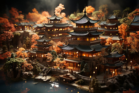 中国古镇夜景创意微型古镇模型设计图片