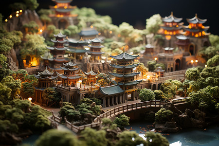 中式古镇手工制作的微型古镇模型设计图片