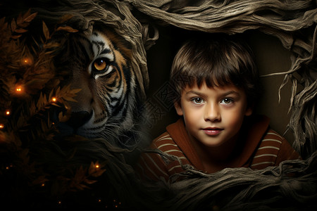 老虎设计素材老虎与小孩的合影背景