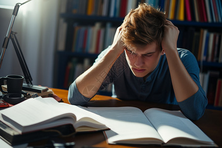 焦虑学生书桌前疲惫的男生背景