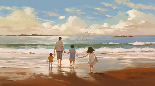 海滩一家人家庭活动插画