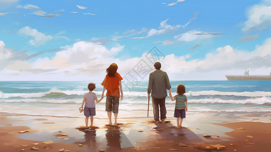 一家人在海滩上散步背景图片