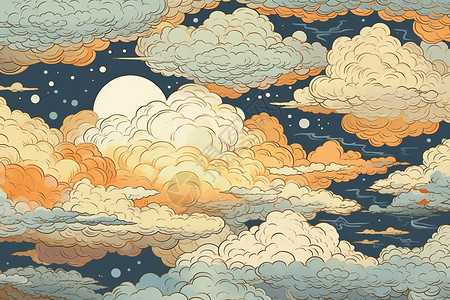 卡通云和月亮中式祥云纹理插画
