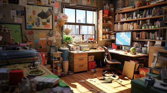 办公桌杂乱动漫风格的房间插画
