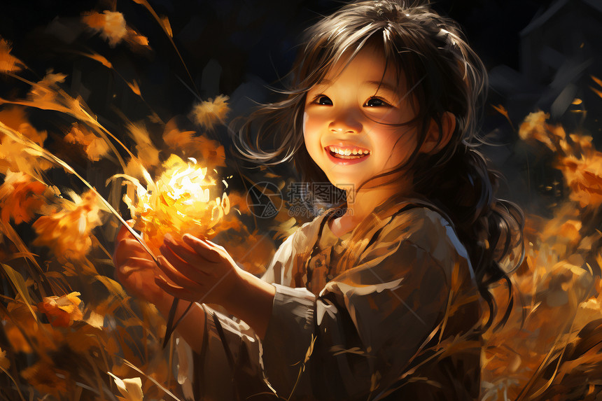 稻田中微笑的小女孩图片