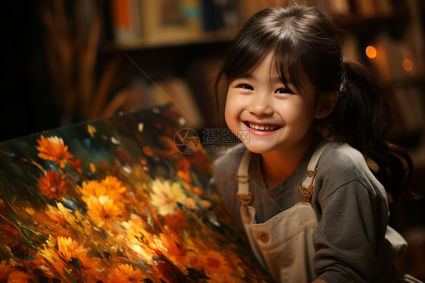 稻田油画前的可爱小女孩图片