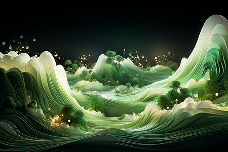 夜景剪纸风抽象风格山脉树林背景设计图片
