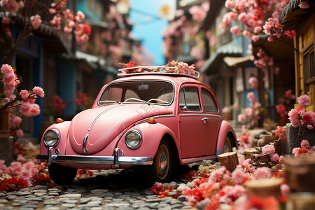 梦幻粉色世界的老式汽车背景图片