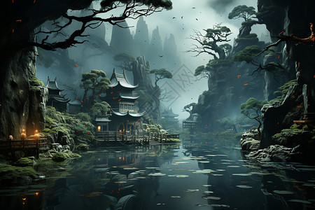 中式山水风景的水墨画图片