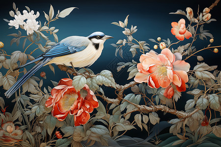 传统中式花卉鸟类插图背景图片