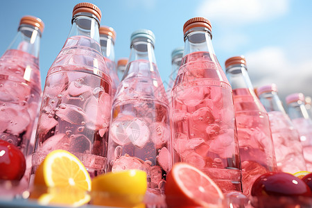 粉色饮品梦幻粉色的透明汽水瓶设计图片