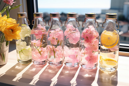 粉色饮品迷人梦幻般的透明汽水瓶设计图片