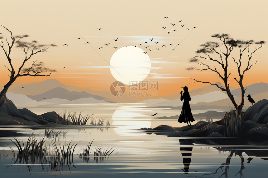 中式宁静湖边的女子图片