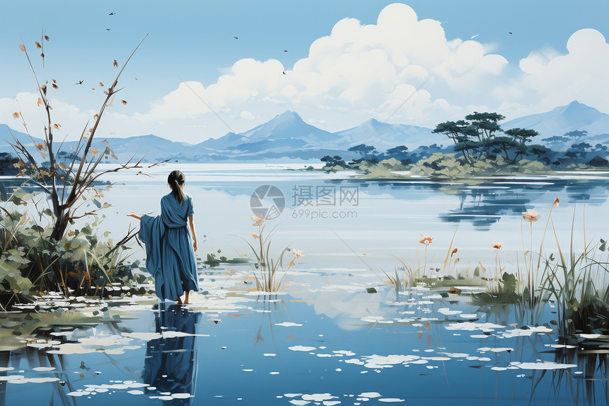 湖边站立的女子图片